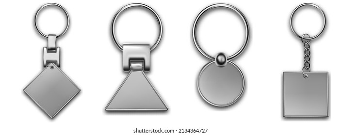 Leather keychain with different shapes, trinket keyring mockup. Keyholder and breloque illustration. Keyring holders isolated on white background. Blank accessory.