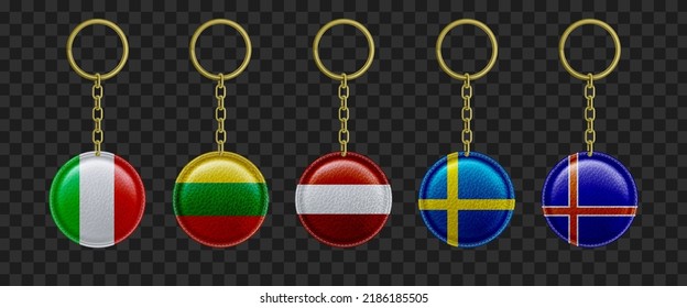 Leather keychain with European countries flags. Vector realistic set of 3d circle trinket with metal chain, ring and print of Austria, Sweden, Lithuania, Italy, Iceland flags