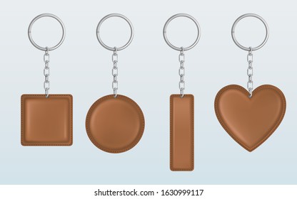 Leather keychain, holder trinket for key with metal chain and ring. Vector realistic template of brown fob for car, home or office isolated on white background. Blank accessory for corporate identity