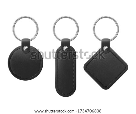 Leather keychain, holder trinket for key with metal ring. Vector realistic template of black fob for home, car or office isolated on white background. Blank accessory for corporate identity 商業照片 © 
