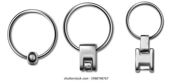 Leather keychain, trinket keyring mockup. Keyholder and breloque illustration. Keyring holders isolated on white background. Blank accessory.