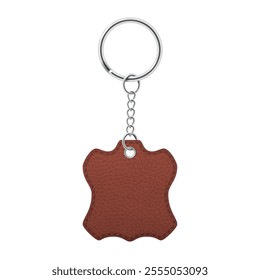 Leather keychain with unique shape on metal chain, isolated on white background, highlights elegance and practicality, ideal for everyday use.