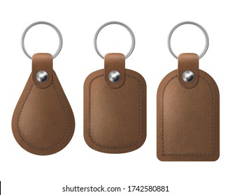 Leather Keychains, Brown Keyring Holders Set With Metal Rings. Accessories Or Souvenir Trinkets For Home, Car Or Office Isolated On White Background. Realistic 3d Vector Illustration, Icon, Mockup