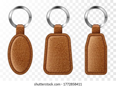 Leather keychains, chinese brown keyring holders with metal rings. Accessories or souvenir trinkets for home, car or office isolated on transparent background. Realistic 3d vector illustration, icons