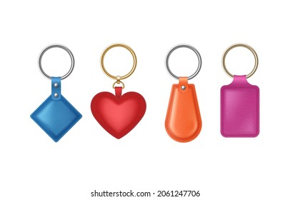 Leather Keychains Of Different Shapes, Colorful Keyring Holders Set With Metal Rings. Accessories Or Souvenir Trinkets For Home, Car Or Office. Realistic 3d Vector Illustration