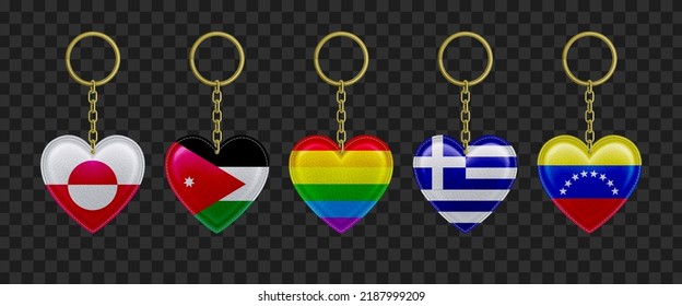 Leather keychains in heart shape with countries flags and rainbow. Vector realistic set of 3d trinkets with print of Greece, Greenland, Jordan, Venezuela and gay pride flags