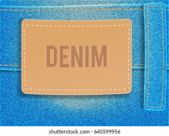 Leather label on light blue denim fabric. Vector illustration template.