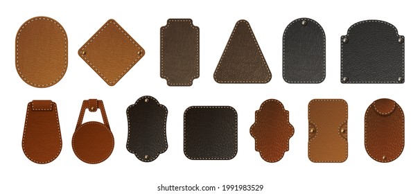 Leather label. Realistic blank badges. Premium bag tags. Jeans patches stitched at edges with copy space. Isolated stickers set for branding. Vector natural or faux calfskin samples - Shutterstock ID 1991983529