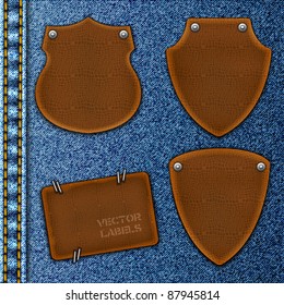 Leather labels on a denim background. Vector illustration Eps10
