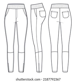 Leather Leggings Pants technical fashion illustration. Skinny Jeans Pants fashion flat technical drawing template, elastic waistband, pockets, zipper bottom, front, side, back view, white, CAD mockup.