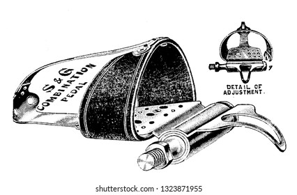 Se trata de un material de cuero normalmente unido a la silla donde el jinete pone su pie o se sienta en una ilustración de arte de línea grabada vintage. Accesorios para bicicletas 1900.