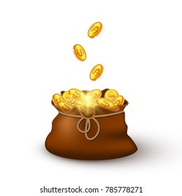 Leather money bag with falling golden coins, isolated on white