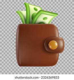 Leather money wallet with paper money in realistic cartoon style. Bright modern design element. Creative colorful 3d vector art illustration isolated on transparent background.
