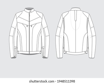 leather motorcycle racing jacket, front and back, drawing technical flat sketches of garments with vector illustration.