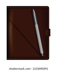 Leather note book. Realistic brown notebook mockup for branding and corporate identity. Notepad with pencil or pen isolated vector illustration on white background