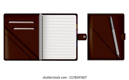 Leather note book. Realistic brown notebook mockup for branding and corporate identity. Notepad with pencil or pen isolated vector illustration on white background