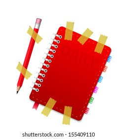 Leather notebook and pencil isolated on the white. Vector illustration
