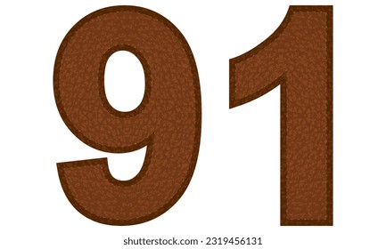 Leather Number Ninety One Vector Illustration. Number 91 Isolated On A White Background