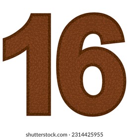 Leather Number Sixteen Vector Illustration. Number 16 Isolated On A White Background