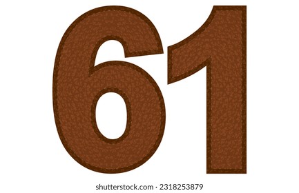 Leather Number Sixty One Vector Illustration. Number 61 Isolated On A White Background