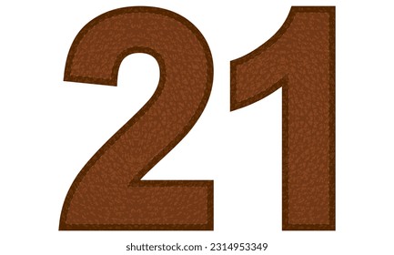 Leather Number Twenty One Vector Illustration. Number 21 Isolated On A White Background