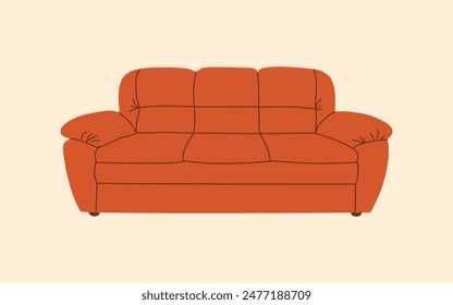 Orangefarbenes Ledersofa im modernen Stil. Weiches komfortables Möbelelement für gemütliches Wohnungsinterieur. Handgezeichnete Vektorillustration isoliert auf hellem Hintergrund, flacher Cartoon-Stil.