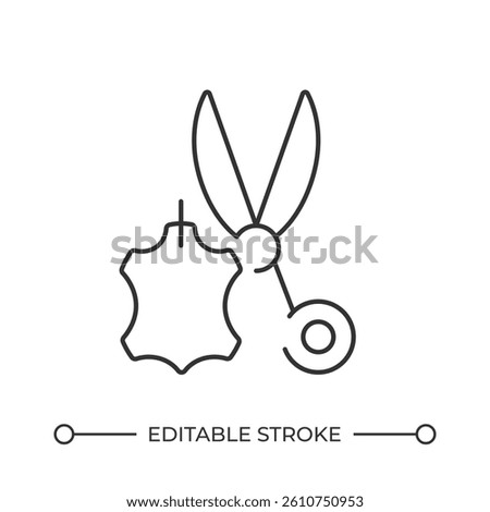 Leather piece and scissors line icon. Tailor workshop making dresses of cowhide materials. Sewing atelier. Isolated vector illustration. Outline symbol. Simple linear drawing. Editable stroke