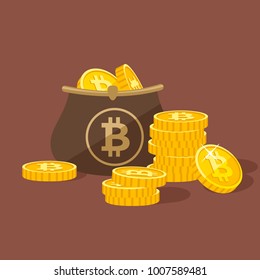 Leather purse with Stacks of Bitcons flat vector