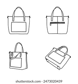 Leather Purses and Handbags for Women Shoulder Handbag Tote Top Handle Line art, outline vector doodle illustration various view, isolated on white background