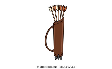 Leather quiver filled with several traditional wooden arrows with orange and white fletching on a white background.