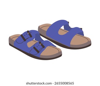 Leather red sandals birkenstocks isolated on white background top view. Unisex summer shoes, genuine leather flip flops with cork soles. Stylish fashion summer footwear flat vector illustration.