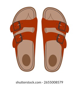 Couro vermelho sandálias birkenstocks isolado em branco fundo vista superior. Sapatos de verão unisex, chinelos de couro genuíno com solas de cortiça. Elegante moda de verão calçado plana vetor ilustração.