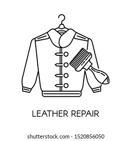 Leather repair vector, isolated icon or logotype in flat style. Colorless jacket with decorative buttons hanging on hanger. Tool used for fixing damaged parts of clothes. Shop service illustration