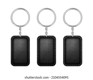 Leather restangle keychain, holder trinket for key with metal ring. Vector realistic template of black fob for home, car or office isolated on white background. Blank accessory for corporate identity