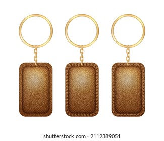 Leather restangle keychain, holder trinket for key with metal ring. Vector realistic template of brown fob for home, car or office isolated on white background. Blank accessory for corporate identity