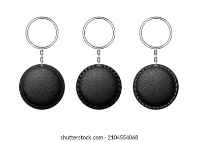 Leather round keychain, holder trinket for key with metal ring. Vector realistic template of black fob for home, car or office isolated on white background. Blank accessory for corporate identity