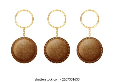 Leather round keychain, holder trinket for key with metal ring. Vector realistic template of brown fob for home, car or office isolated on white background. Blank accessory for corporate identity