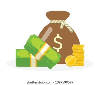 Leather sack with stack of golden coins and dollar bills, savings