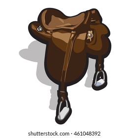 Leather saddle isolated on white background. Vector cartoon close-up illustration.