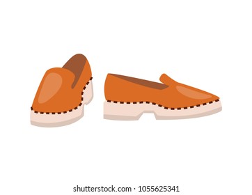 Leather shoes of high quality on solid white sole. Stylish classic footwear of natural material. Shiny polished female shoes vector illustration.