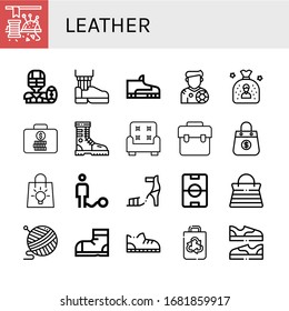 leather simple icons set. Contains such icons as Sewing, American football, Leather shoe, Footwear, Footballer, Bag, Suitcase, Boot, Armchair, can be used for web, mobile and logo