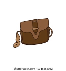 leather sling bag icon. vector illustration. brown and trendy. hand drawn vector. beauty fashion for woman. white background. doodle art for logo, label, sticker, clipart, poster, banner, advertising.