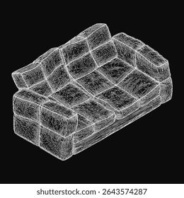 Leather sofa in 3D wireframe model, showcasing realistic contours and sleek design on a black background. The detailed mesh structure highlights the elegant curves and modern aesthetic.