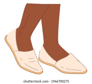 Leather soft shoes on flat platform for ladies, isolated legs of woman wearing stylish and comfortable footwear. Pair for everyday usage and casual look. Shopping in stores vector in flat style