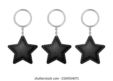 Leather star shape keychain, holder trinket for key with metal ring. Vector realistic template of black fob for home, car or office isolated on white background. Blank accessory for corporate identity