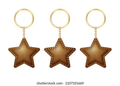 Leather star shape keychain, holder trinket for key with metal ring. Vector realistic template of brown fob for home, car or office isolated on white background. Blank accessory for corporate identity