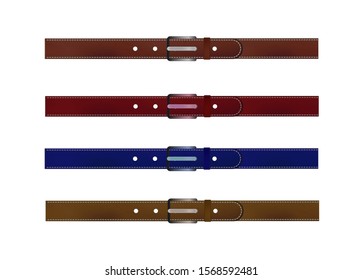 Leather strap with buttoned steel buckle isolated on white background. Belts in brown, red, blue, yellow. Vector illustration
