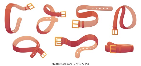 Leather strap various positions and angles. Isolated narrow belt for men women trousers or pants. Fashion accessory for cloth, nowaday vector set
