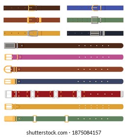 Leather strapping belts. Leathern belt with metal buckle, elegant fashion strap elements. Leather clothes accessories vector illustration set. Belt with metallic buckle, accessory brown and colored