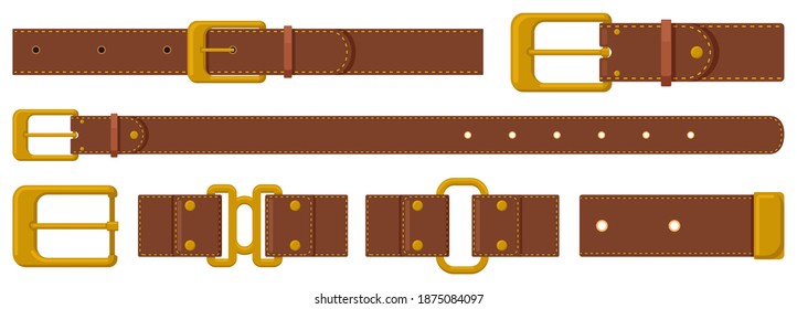 Leather strapping. Brown leather belts with steel buckles and metal fittings. Haberdashery strapping accessories vector illustration set. Strapping belt form leather, metallic accessory svg